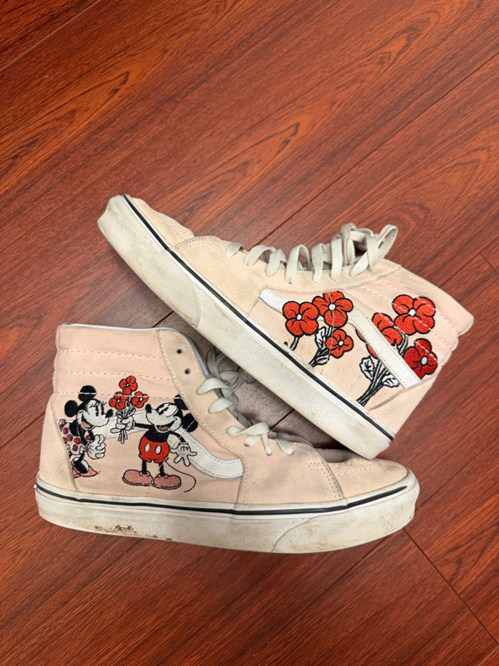 Vans women’s Blush Pink High-Top Sneakers with Mickey & Red Floral Art